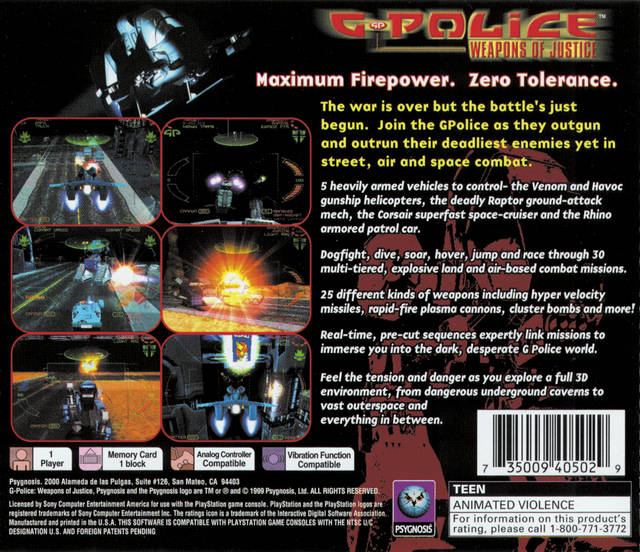 Back boxart of the game G-Police - Weapons of Justice (United States) on Sony Playstation