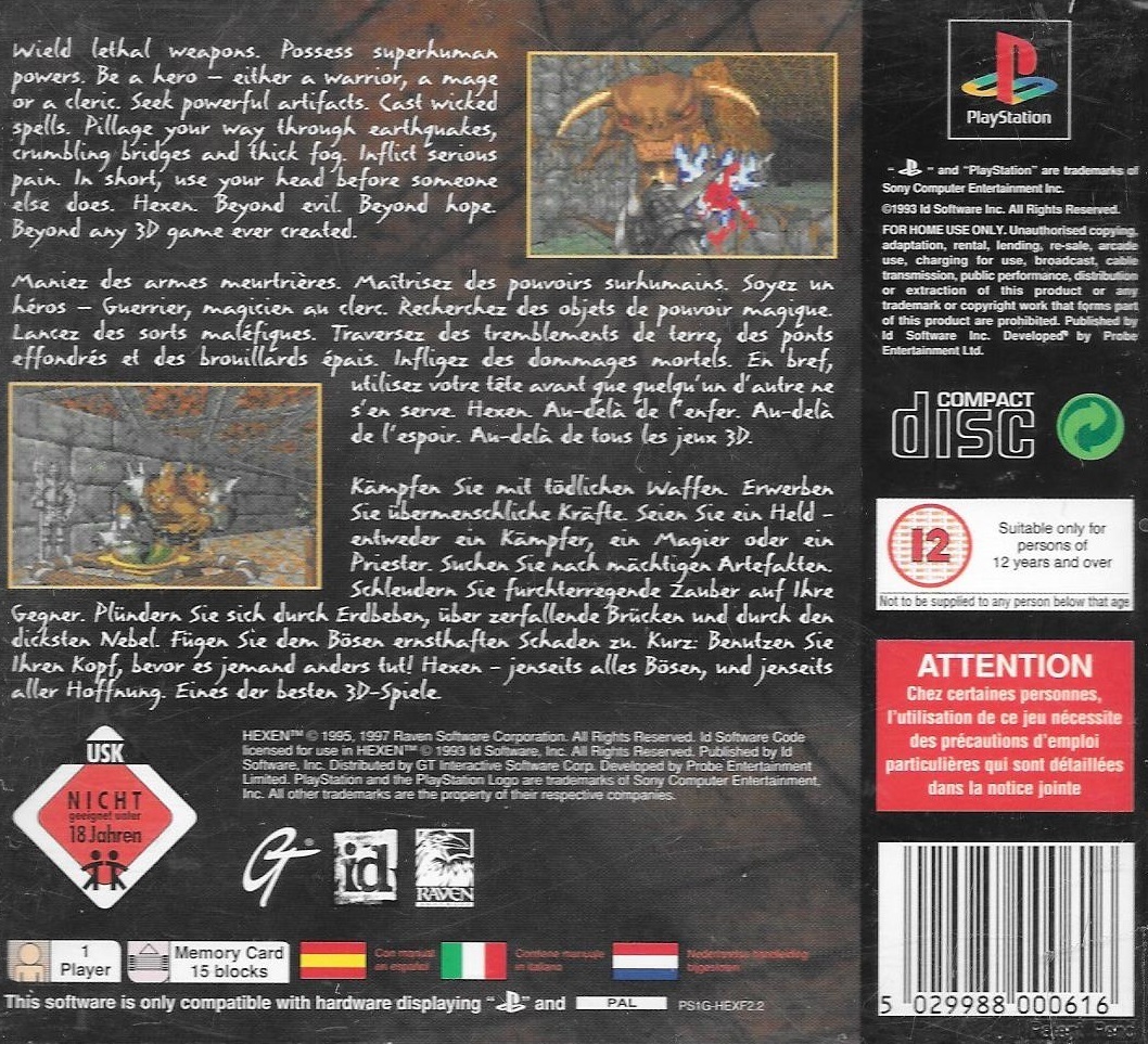 Back boxart of the game Hexen - Beyond Heretic (Europe) on Sony Playstation