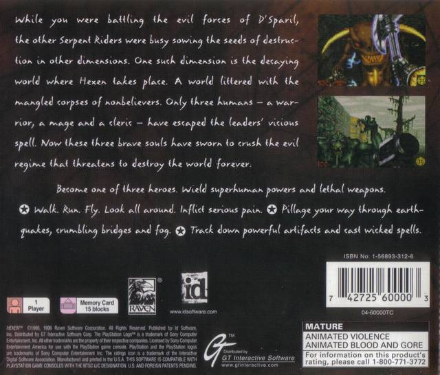 Back boxart of the game Hexen - Beyond Heretic (United States) on Sony Playstation