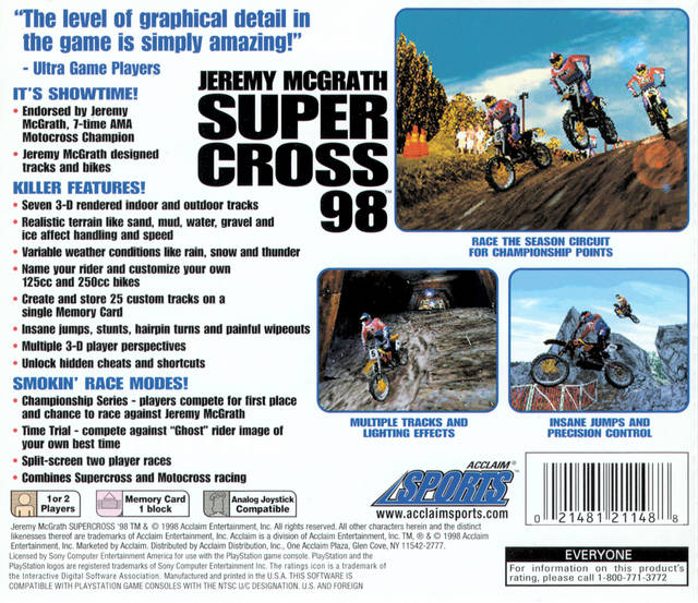 Back boxart of the game Jeremy McGrath Supercross 98 (United States) on Sony Playstation