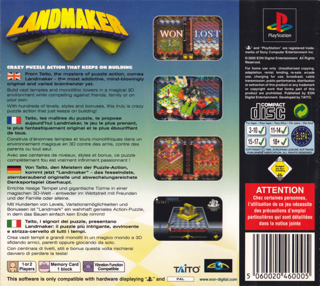 Back boxart of the game LandMaker (Europe) on Sony Playstation
