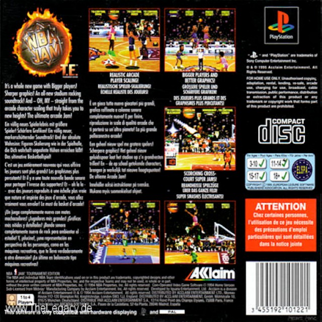 Back boxart of the game NBA Jam Tournament Edition (Europe) on Sony Playstation