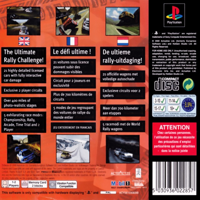 Back boxart of the game Mobil 1 Rally Championship (Europe) on Sony Playstation