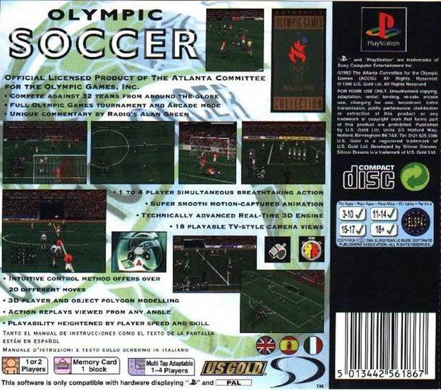 Back boxart of the game Olympic Soccer - Atlanta 1996 (Europe) on Sony Playstation