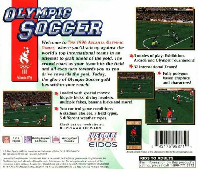 Back boxart of the game Olympic Soccer - Atlanta 1996 (United States) on Sony Playstation