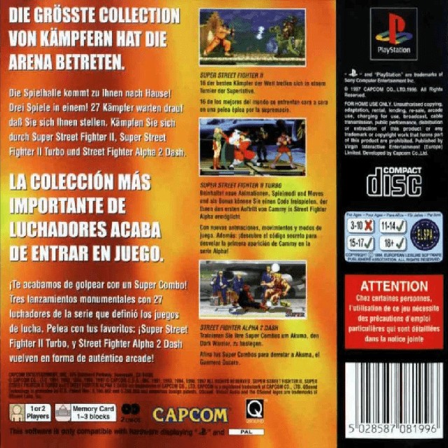 Back boxart of the game Street Fighter Collection (Europe) on Sony Playstation