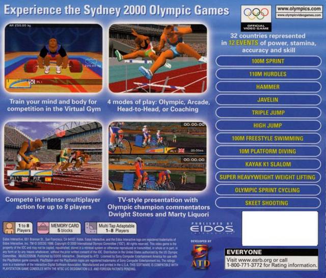 Back boxart of the game Sydney 2000 (United States) on Sony Playstation