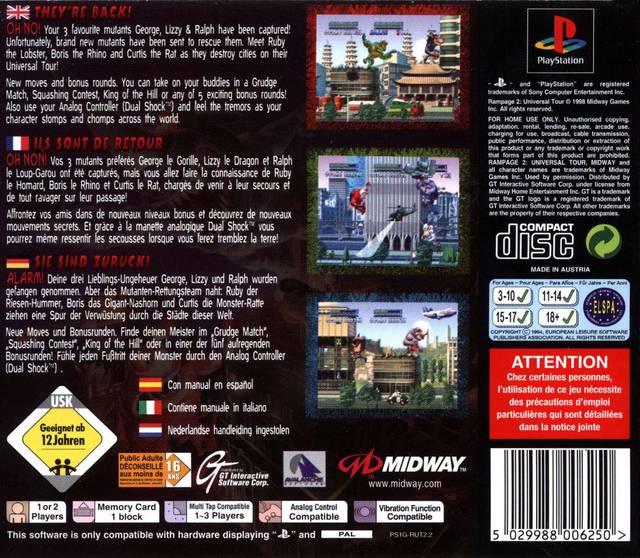 Back boxart of the game Rampage 2 - Universal Tour (Europe) on Sony Playstation