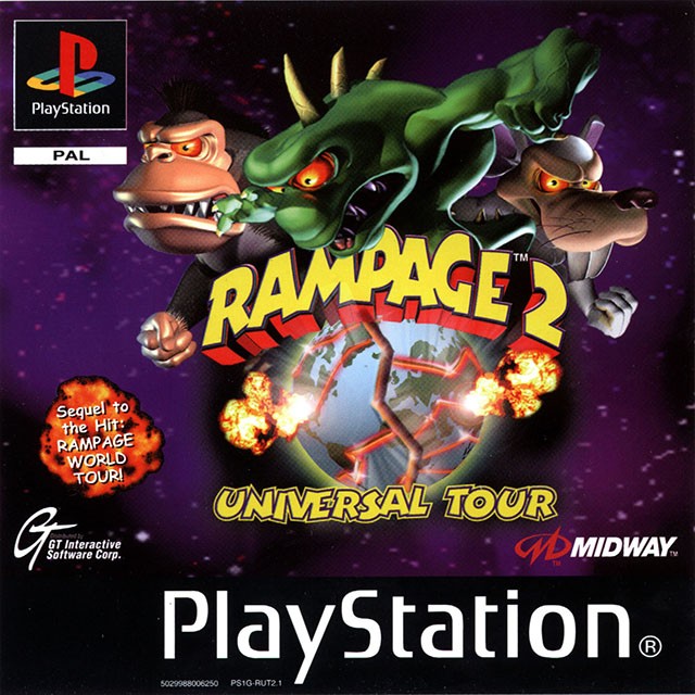 Front boxart of the game Rampage 2 - Universal Tour (Europe) on Sony Playstation