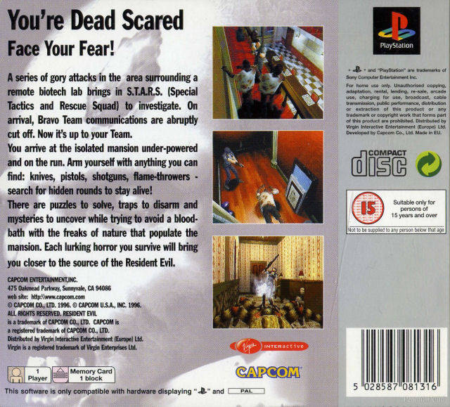 Back boxart of the game Resident Evil (Europe) on Sony Playstation