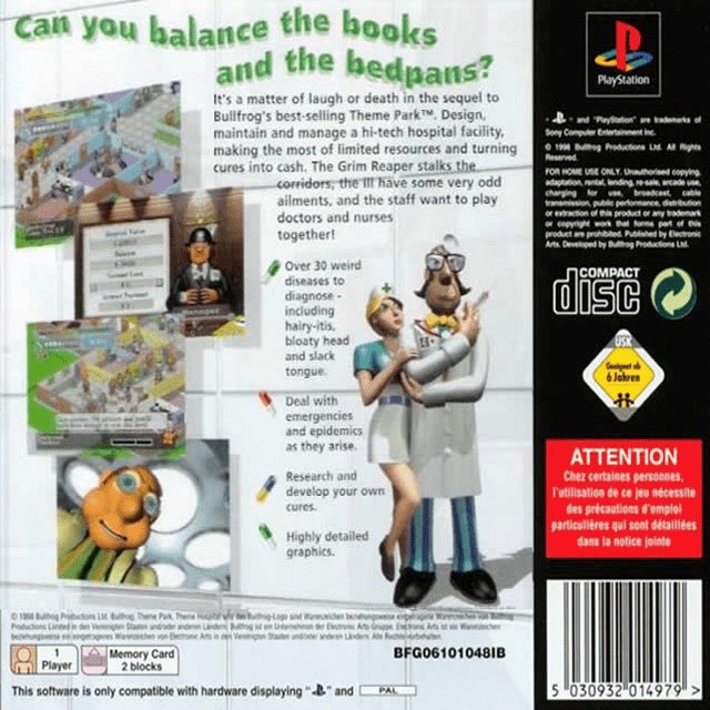 Back boxart of the game Theme Hospital (Europe) on Sony Playstation