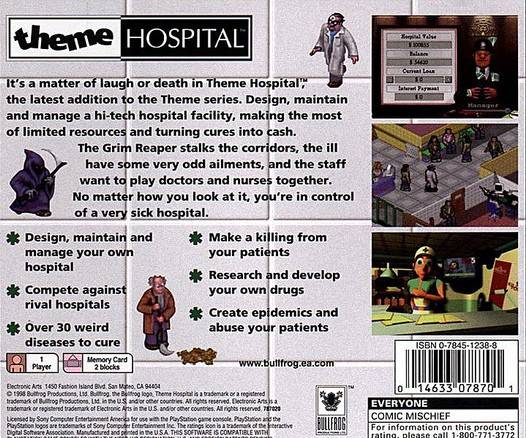 Back boxart of the game Theme Hospital (United States) on Sony Playstation