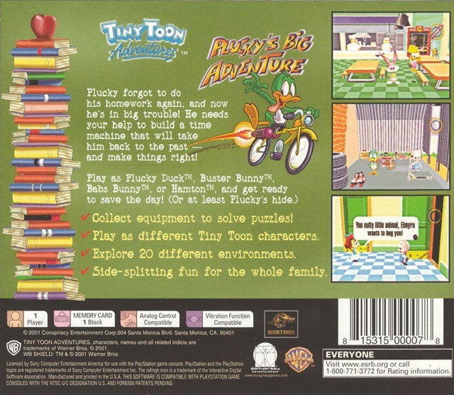 Back boxart of the game Tiny Toon Adventures - Plucky's Big Adventure (United States) on Sony Playstation