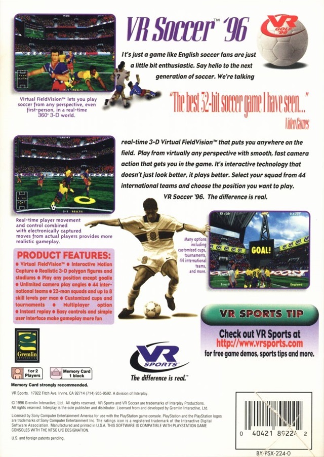 Back boxart of the game VR Soccer '96 (United States) on Sony Playstation