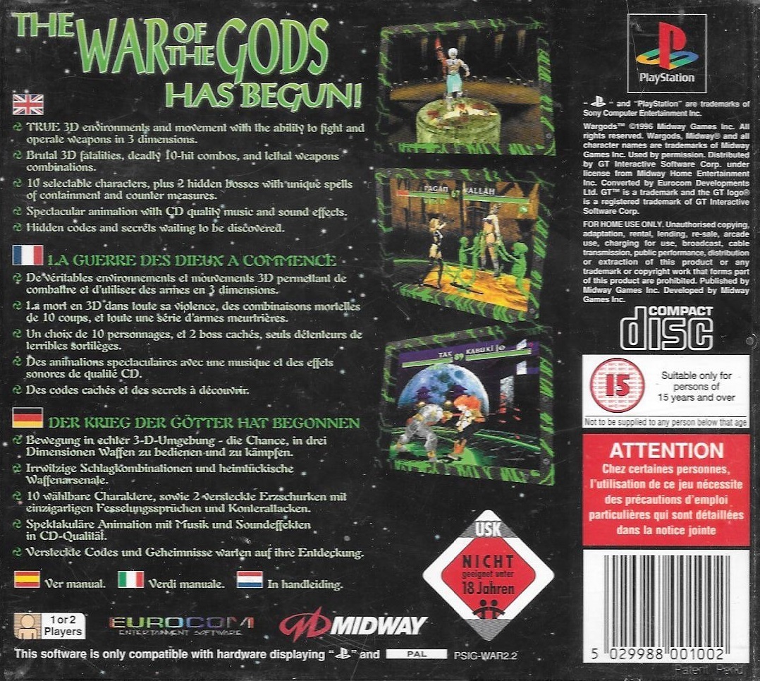 Back boxart of the game War Gods (Europe) on Sony Playstation