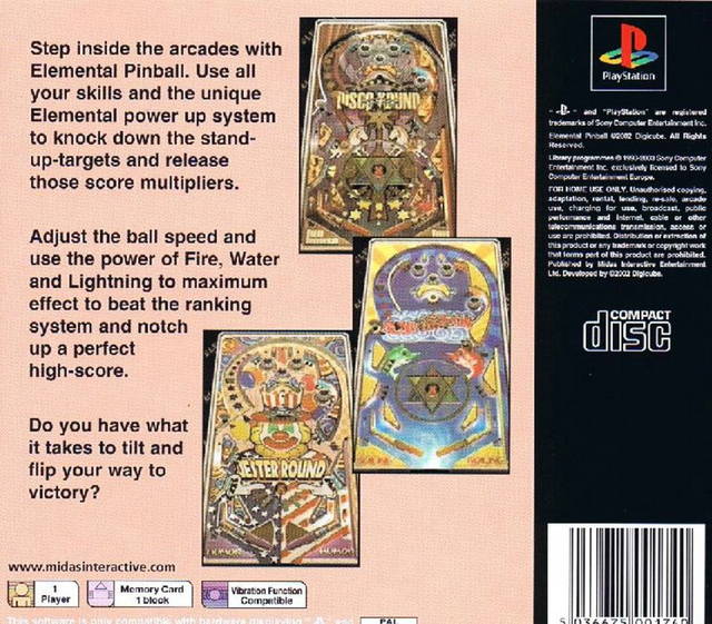 Back boxart of the game Elemental Pinball (Europe) on Sony Playstation
