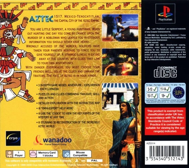 Back boxart of the game Aztec - The Curse in the Heart of the City of Gold (Europe) on Sony Playstation
