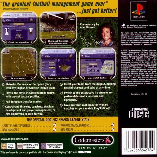Back boxart of the game LMA Manager 2002 (Europe) on Sony Playstation