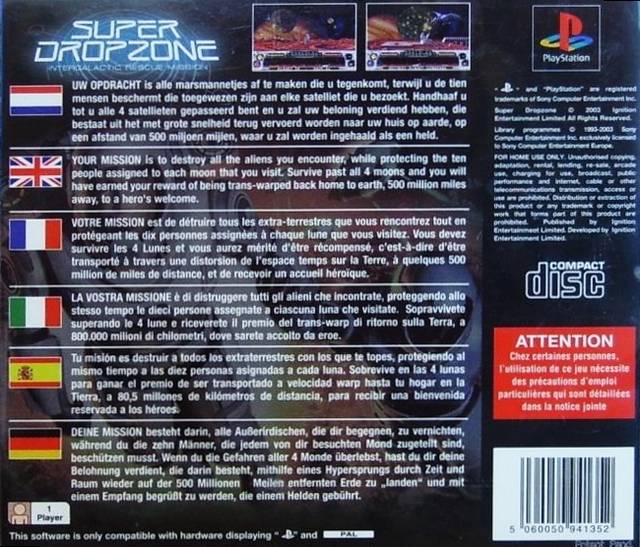 Back boxart of the game Super Dropzone - Intergalactic Rescue Mission (Europe) on Sony Playstation