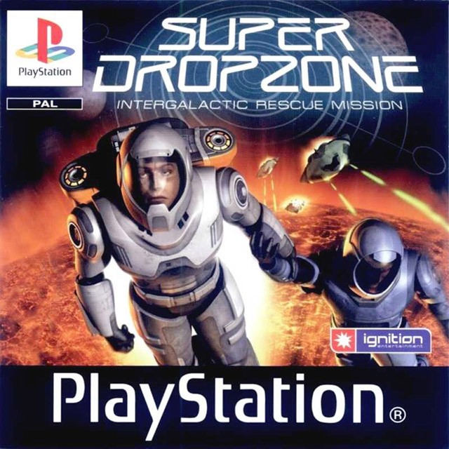 Front boxart of the game Super Dropzone - Intergalactic Rescue Mission (Europe) on Sony Playstation