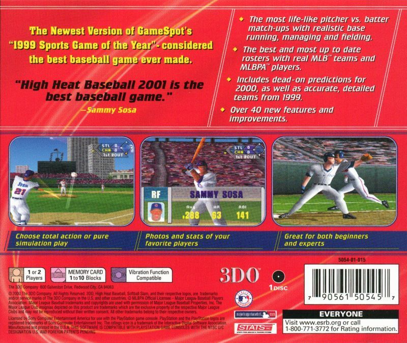 Back boxart of the game Sammy Sosa High Heat Baseball 2001 (United States) on Sony Playstation