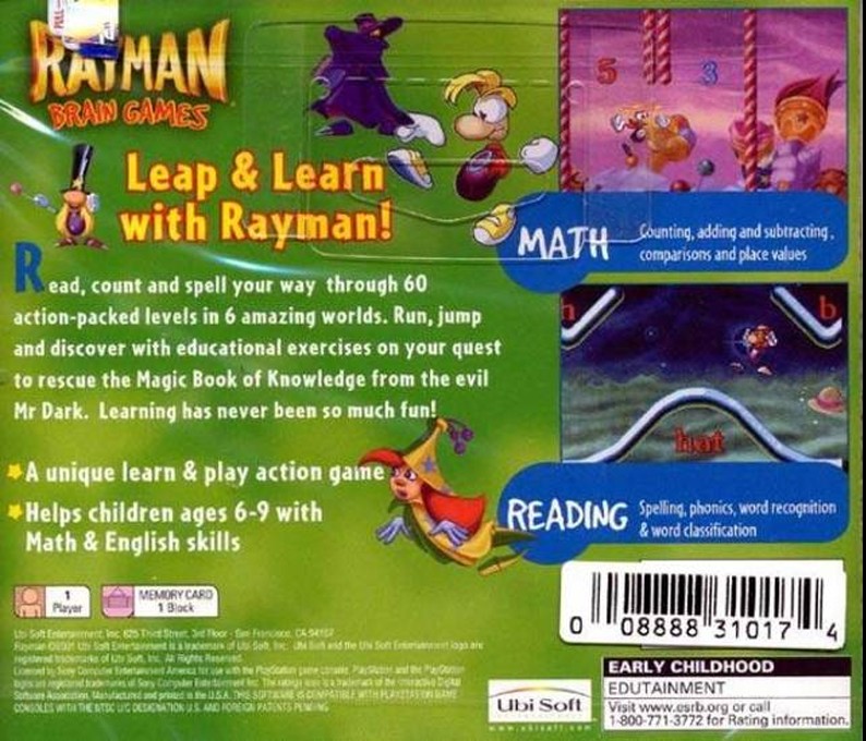 Back boxart of the game Rayman Brain Games (United States) on Sony Playstation