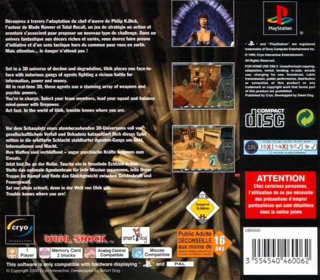 Back boxart of the game Ubik (Europe) on Sony Playstation