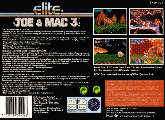 Back boxart of the game Joe & Mac 3 - Lost in the Tropics (Europe) on Nintendo Super NES