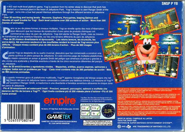 Back boxart of the game Yogi Bear's Cartoon Capers (Europe) on Nintendo Super NES