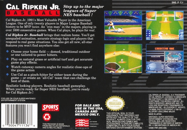 Back boxart of the game Cal Ripken Jr. Baseball (United States) on Nintendo Super NES