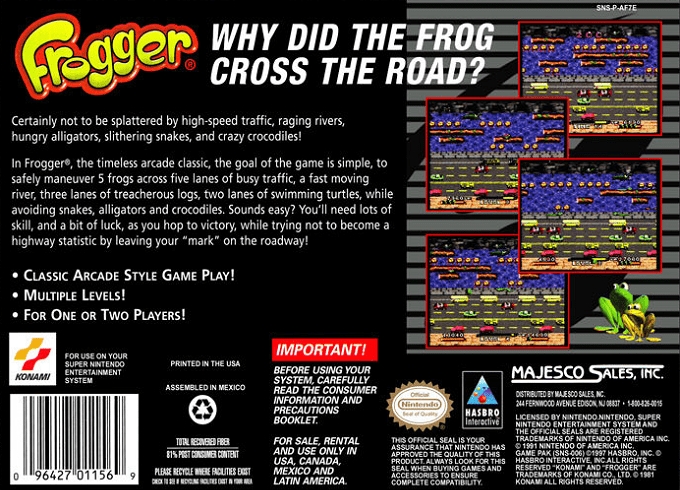 Back boxart of the game Frogger (United States) on Nintendo Super NES