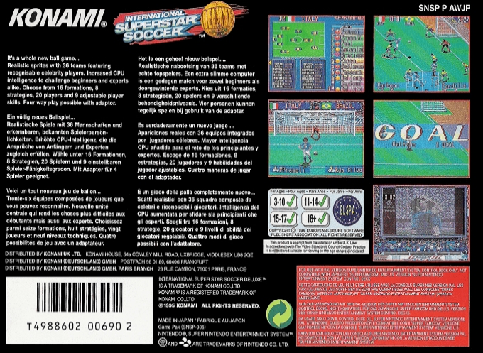Back boxart of the game International Superstar Soccer Deluxe (Europe) on Nintendo Super NES
