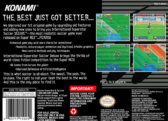 Back boxart of the game International Superstar Soccer Deluxe (United States) on Nintendo Super NES