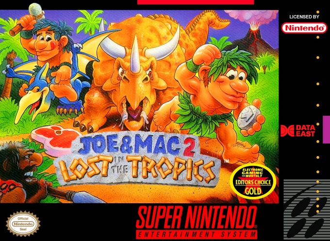 Front boxart of the game Joe & Mac 2 - Lost in the Tropics (United States) on Nintendo Super NES