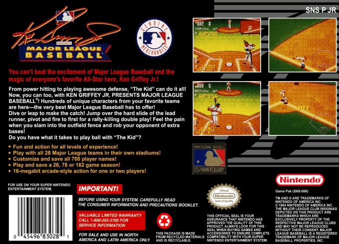 Back boxart of the game Ken Griffey Jr. Presents Major League Baseball (United States) on Nintendo Super NES