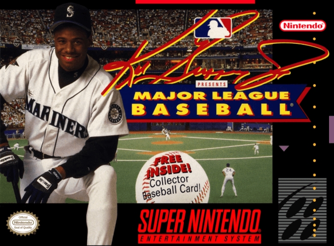 Front boxart of the game Ken Griffey Jr. Presents Major League Baseball (United States) on Nintendo Super NES