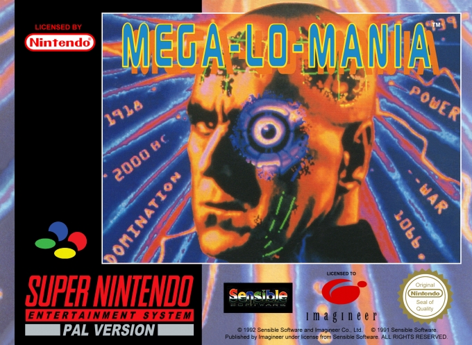 Front boxart of the game Mega lo Mania - Jikuu Daisenryaku (Europe) on Nintendo Super NES