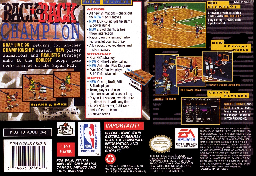 Back boxart of the game NBA Live 96 (United States) on Nintendo Super NES
