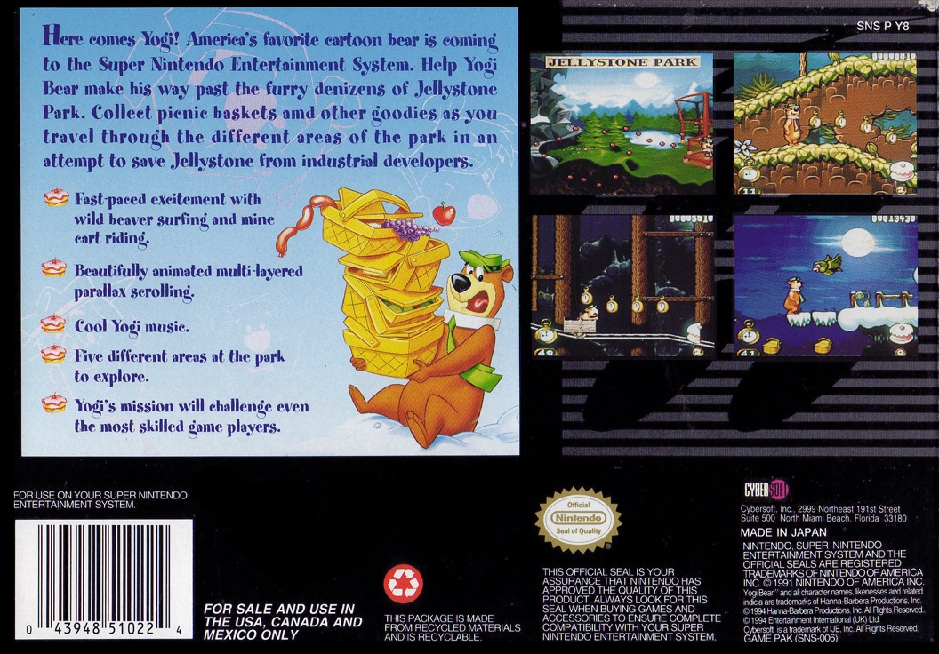Back boxart of the game Adventures of Yogi Bear (United States) on Nintendo Super NES
