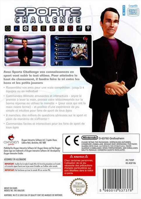 Back boxart of the game Alan Hansen's Sports Challenge (France) on Nintendo Wii