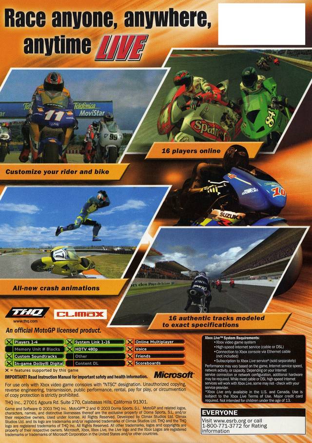 Back boxart of the game MotoGP 2 (United States) on Microsoft Xbox