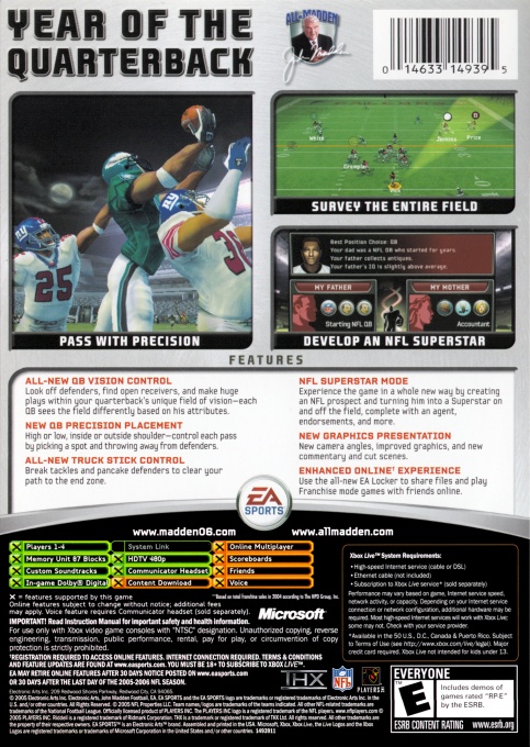 Back boxart of the game Madden NFL 06 (United States) on Microsoft Xbox