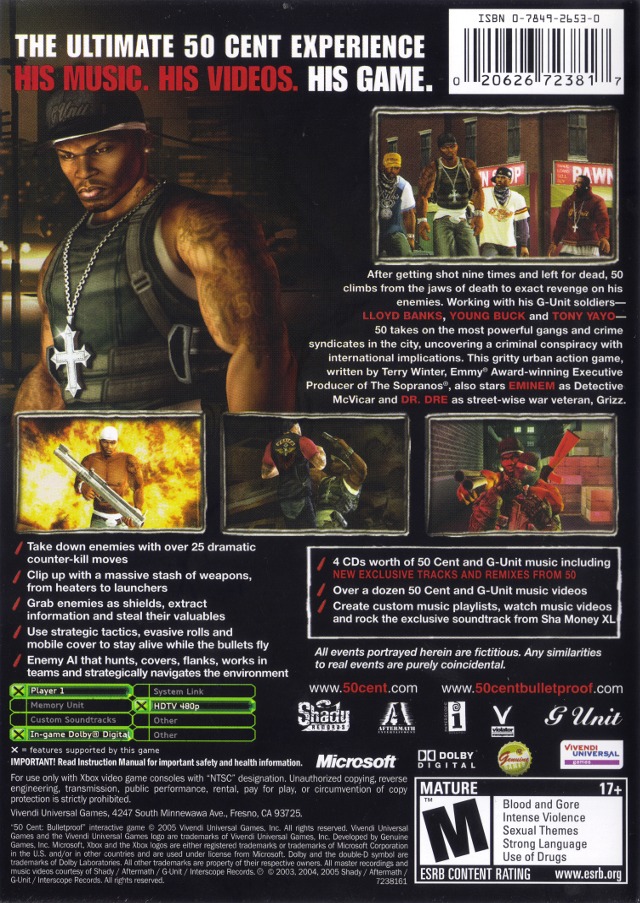Back boxart of the game 50 Cent - Bulletproof (United States) on Microsoft Xbox