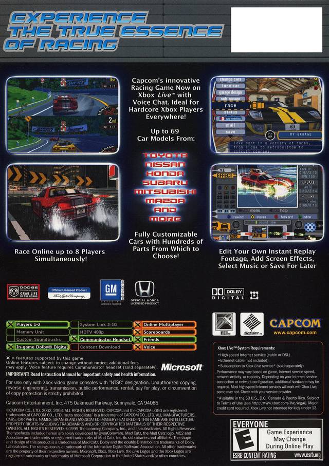 Back boxart of the game Auto Modellista (United States) on Microsoft Xbox