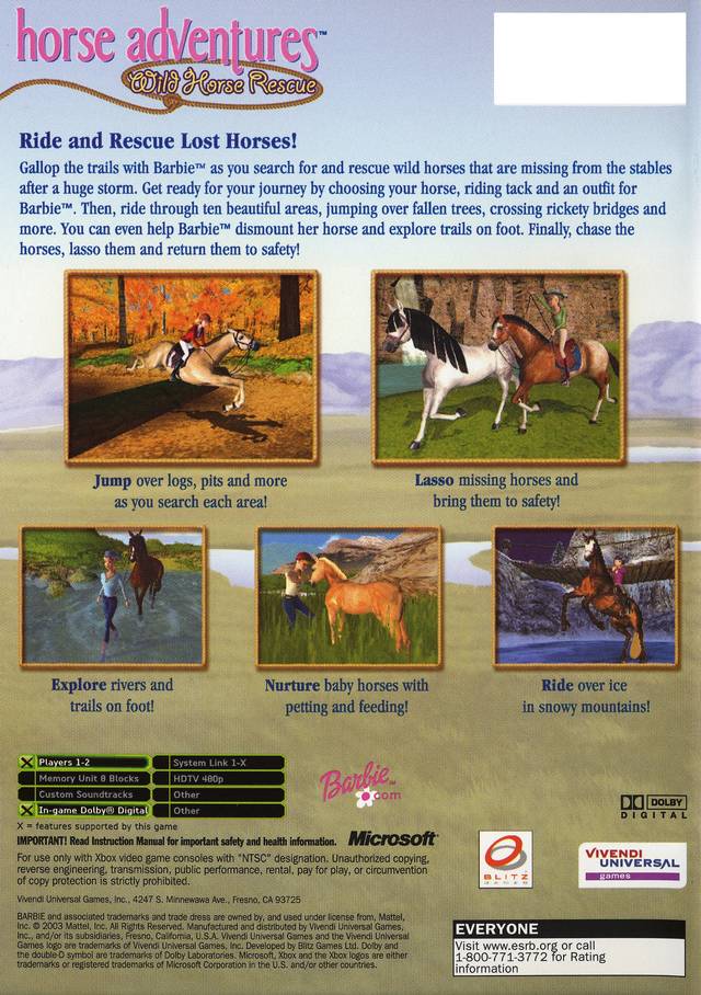 Back boxart of the game Barbie Horse Adventures - Wild Horse Rescue (United States) on Microsoft Xbox
