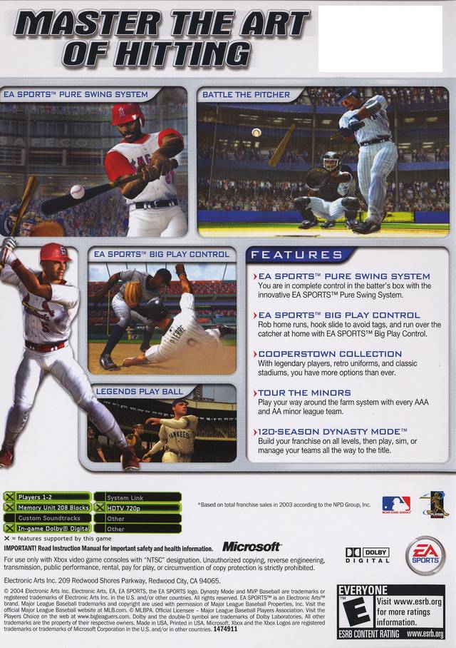 Back boxart of the game MVP Baseball 2004 (United States) on Microsoft Xbox