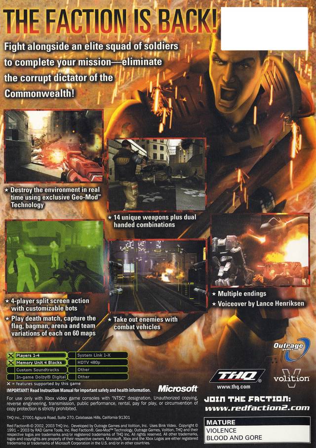 Back boxart of the game Red Faction II (United States) on Microsoft Xbox