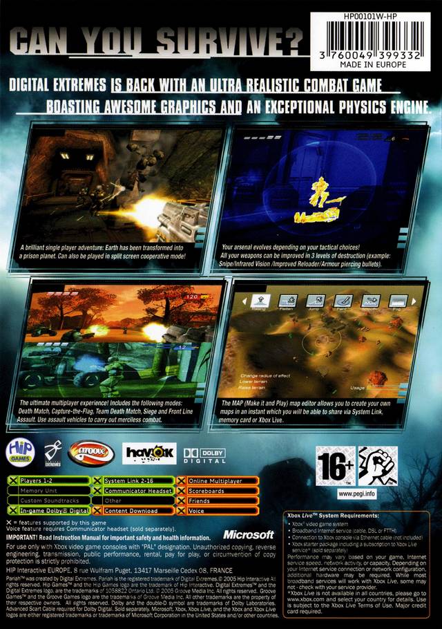 Back boxart of the game Pariah (Europe) on Microsoft Xbox