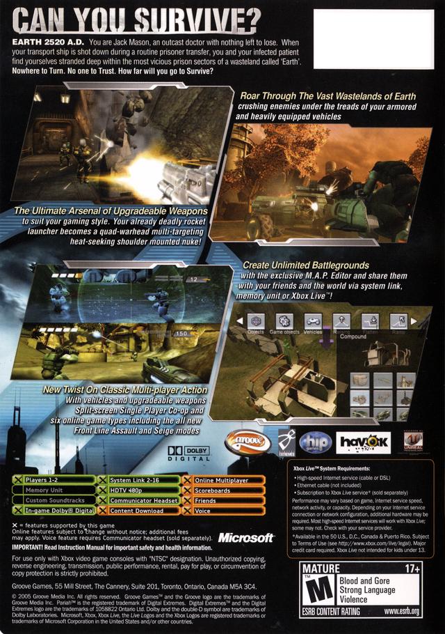 Back boxart of the game Pariah (United States) on Microsoft Xbox