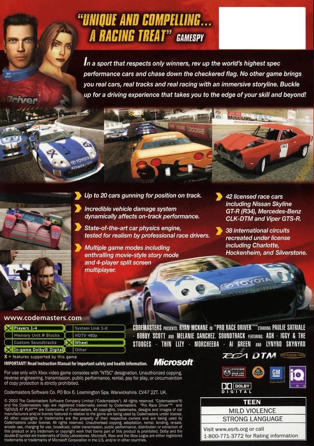 Back boxart of the game Pro Race Driver (United States) on Microsoft Xbox